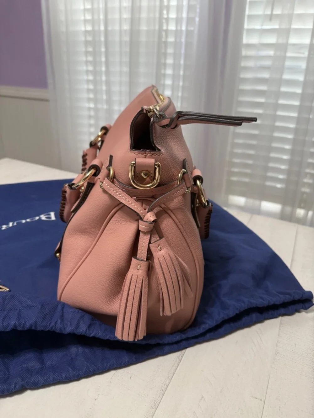 Dooney & Bourke Blush Pink Pebble Leather Satchel With Strap